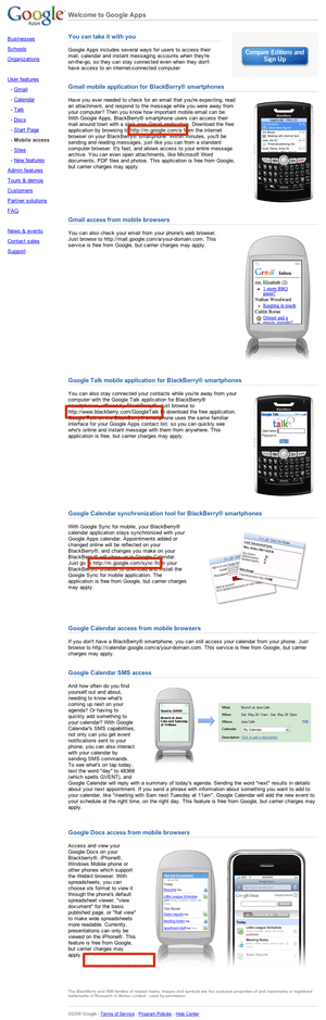 Snapshot of the Google Apps mobile description page with non-linked URLâ€™s highlighted